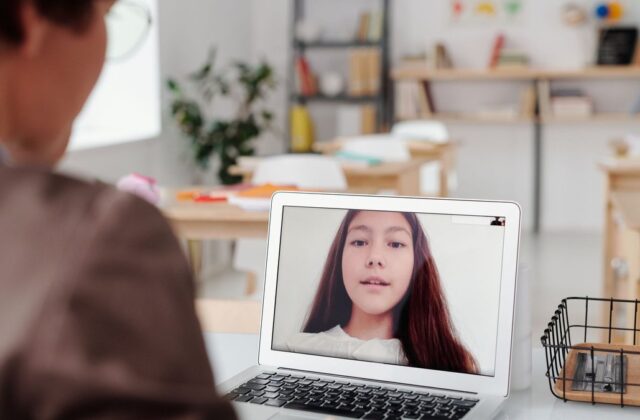 Teacher giving a virtual lesson on a laptop